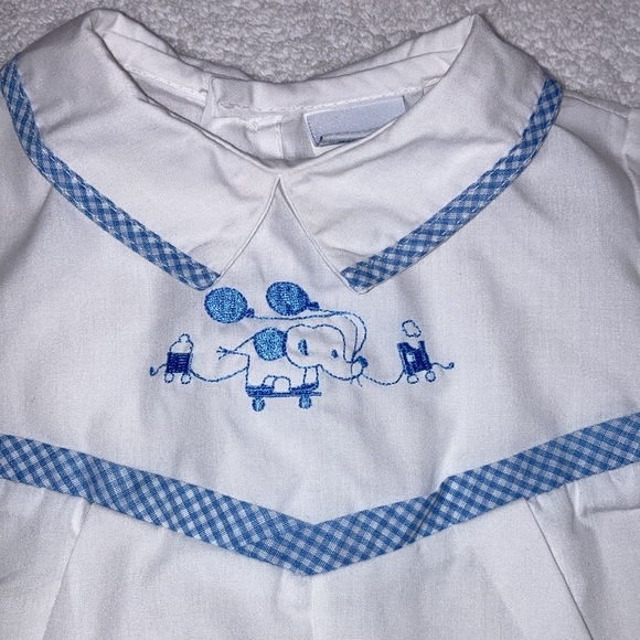 Vintage Alexis circus train baby boy bubble blue gingham trim 9m - Picture 2 of 7